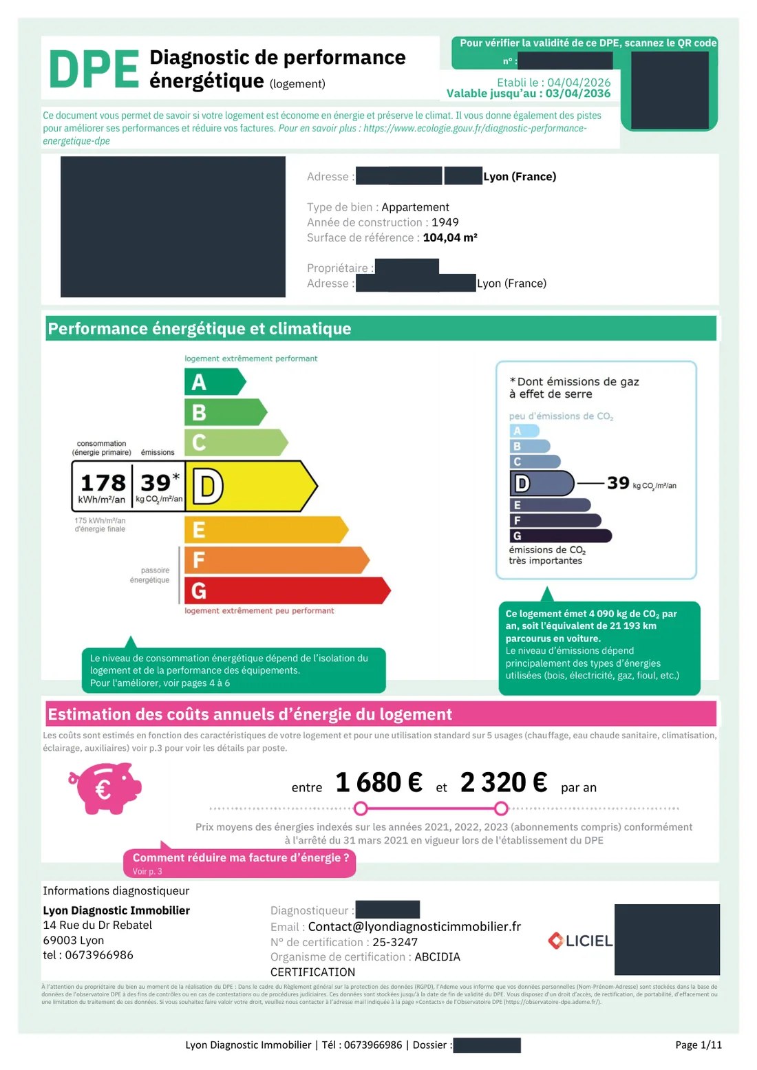 Page 1 d'un rapport DPE réel avec étiquette énergie classe D et numéro de certification du diagnostiqueur