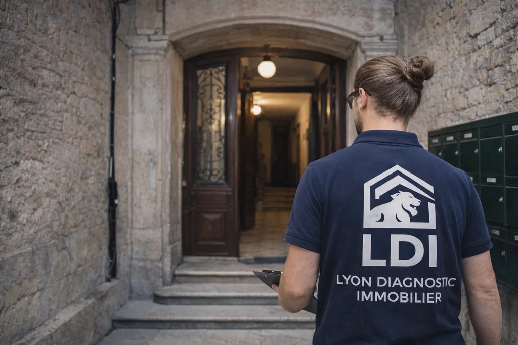 Diagnostiqueur en polo Lyon Diagnostic Immobilier se dirigeant vers l'entrée d'un immeuble pour une visite