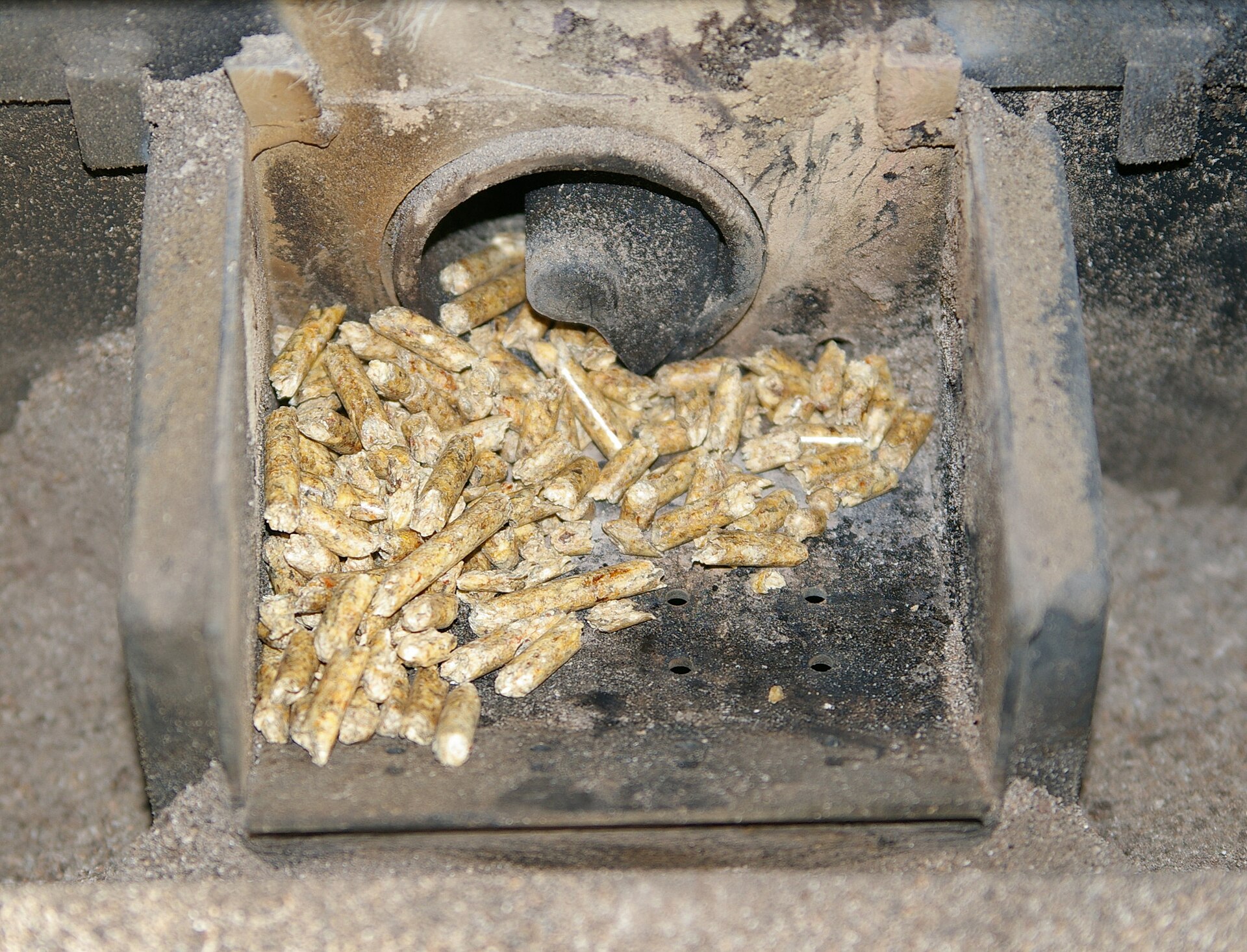 creuset d'un poêle à granulés contenant quelques granulés de bois, avec la vis d'alimentation au fond et des cendres autour